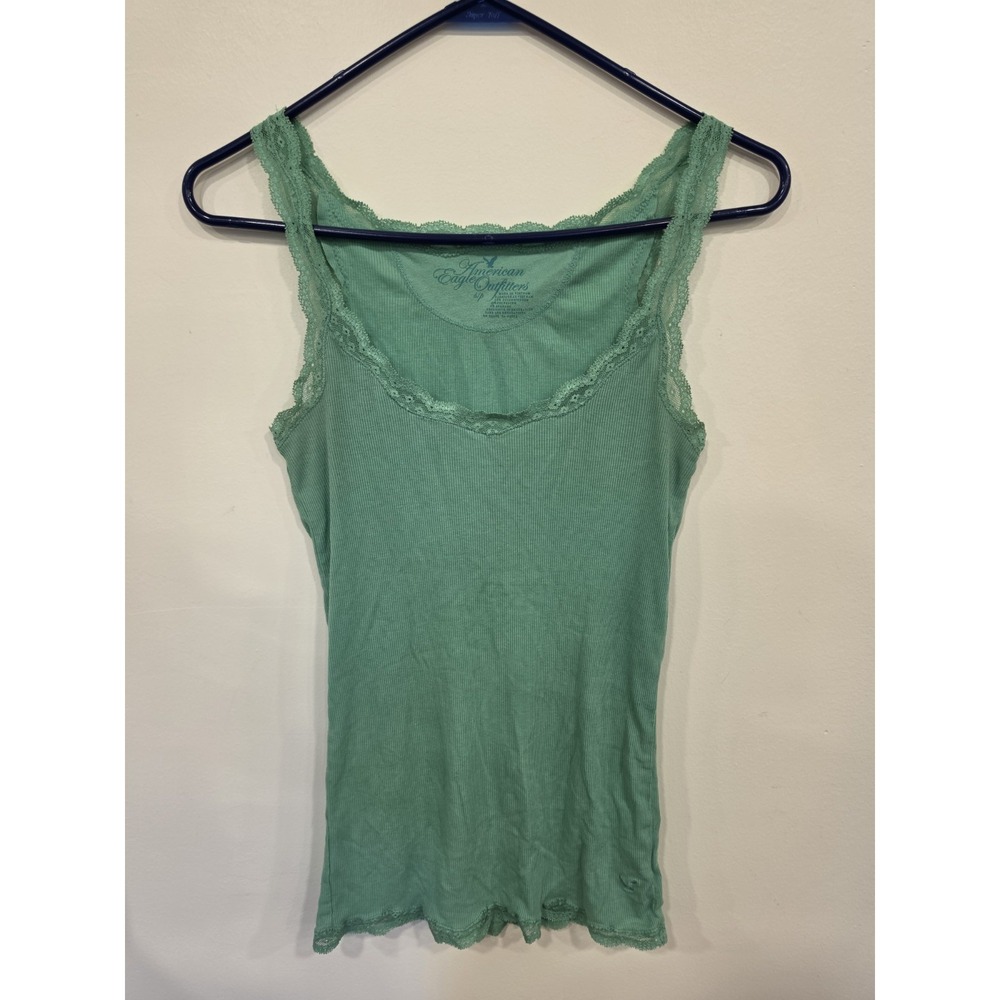American Eagle Outfitters Lace Trim Ribbed Tank Top Green Y2K Fairy Grunge